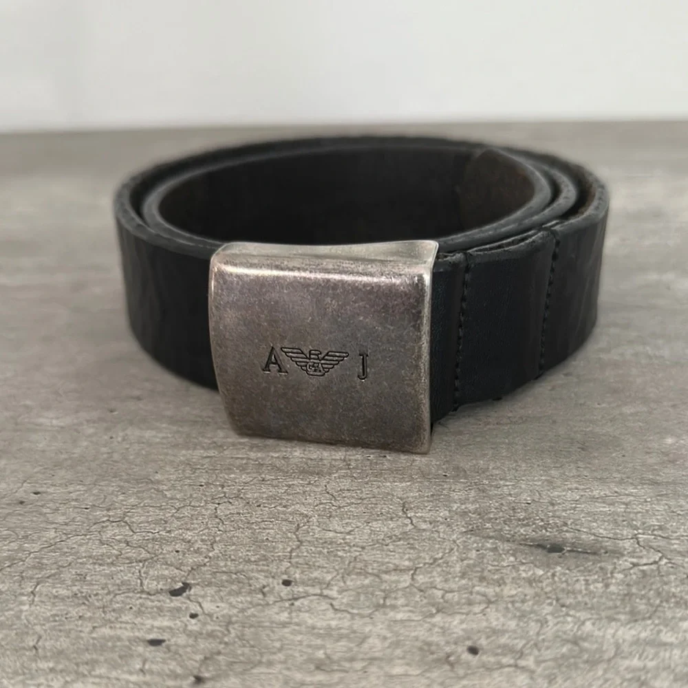 Armani Jeans Black Leather Belt with Metallic Buckle